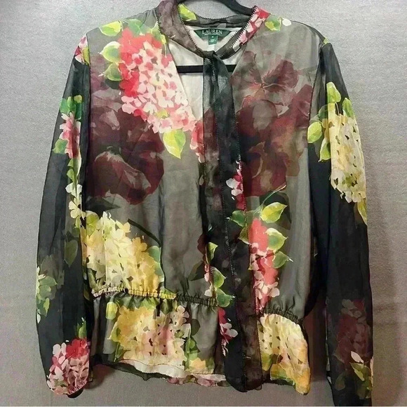 RALPH LAUREN Black Floral Sheer Chiffon Longe Sleeve Top/ Blouse Sz Medium - Picture 1 of 6